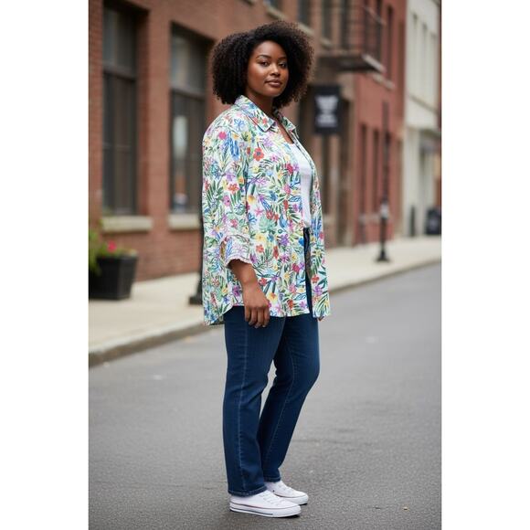 NEW John Mark 2X Linen Floral Print Point Collar 3/4 Sleeve Button Front Tunic - Picture 1 of 11